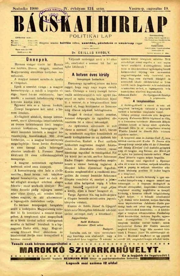 Bácskai Hirlap, 4. évf. 1900. augusztus 19. 124. sz.
