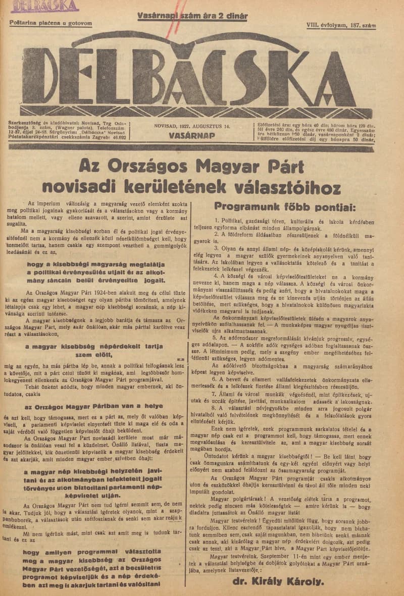 Délbácska, 8. évf. 1927. augusztus 14. 187. sz.