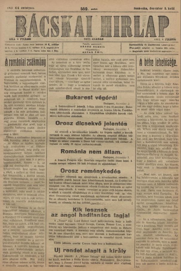 Bácskai Hirlap, 20. évf. 1916. december 5. 559. sz.