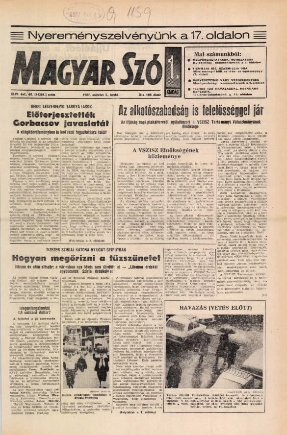 Magyar Szó, 44. évf. 1987. március 3. 60. sz. 1–20. oldal