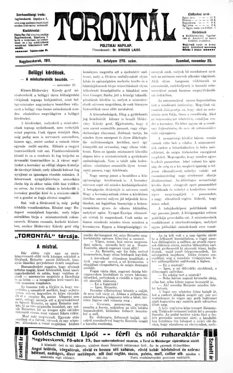 Torontál, 40. évf. 1911. november 25. 270. sz.