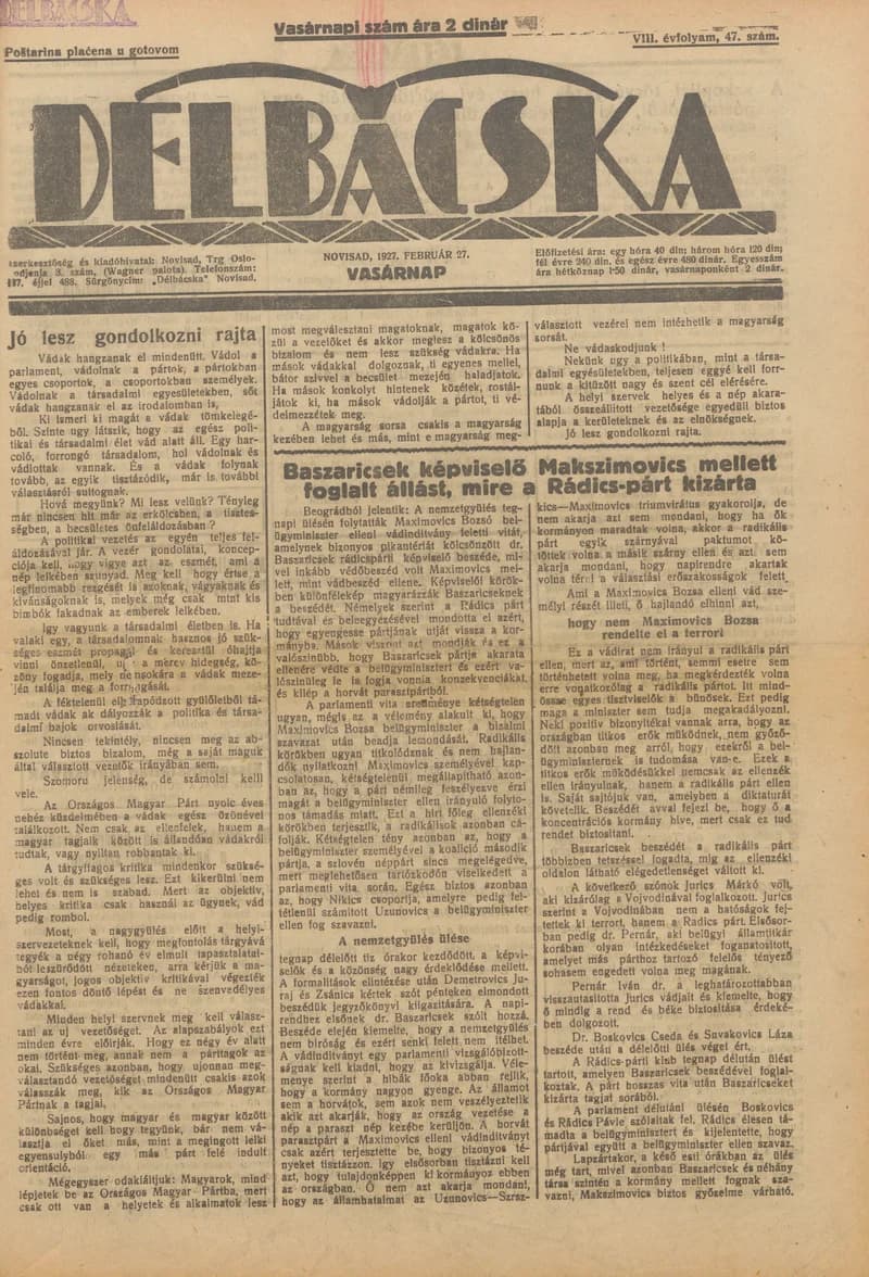 Délbácska, 8. évf. 1927. február 27. 47. sz.