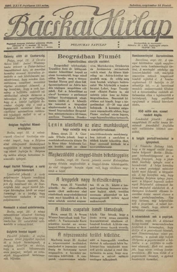 Bácskai Hirlap, 24. évf. 1920. szeptember 24. 155. sz.