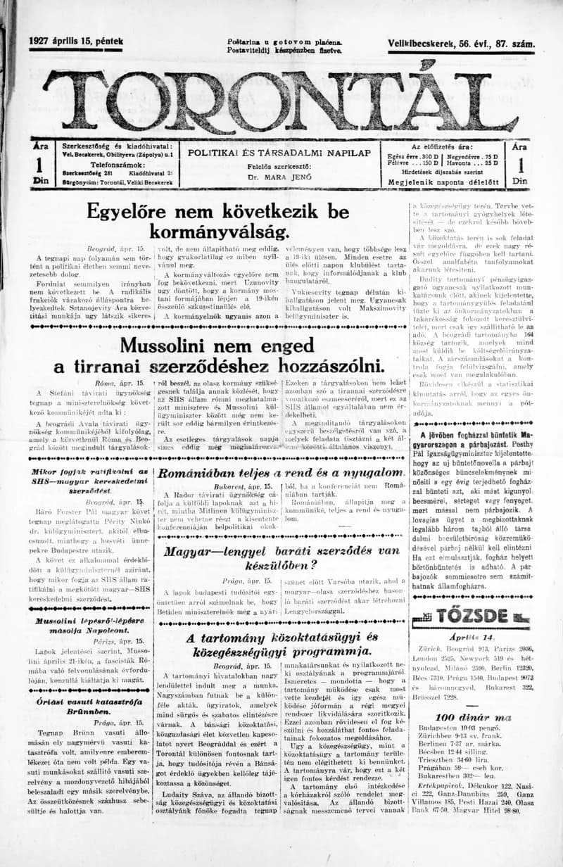 Torontál, 56. évf. 1927. április 15. 87. sz.