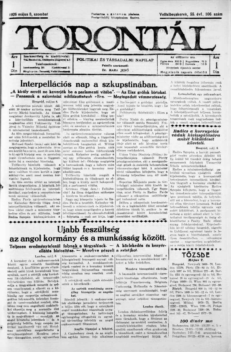 Torontál, 55. évf. 1926. május 8. 106. sz.