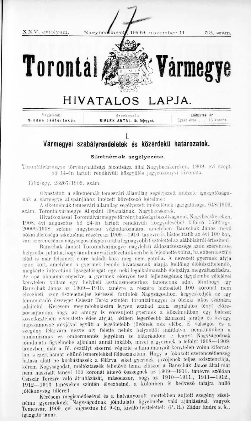 Torontál Vármegye Hivatalos Lapja, 25. évf. 1909. november 11. 53. sz.