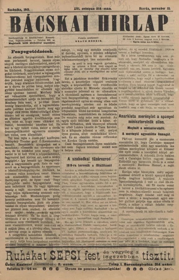 Bácskai Hirlap, 16. évf. 1912. november 13. 259. sz.