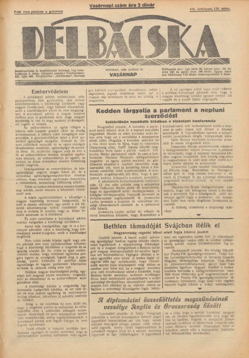 Délbácska, 7. évf. 1926. június 13. 134. sz.