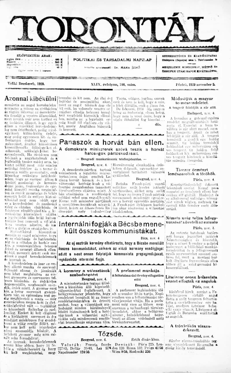 Torontál, 49. évf. 1920. november 5. 246. sz.