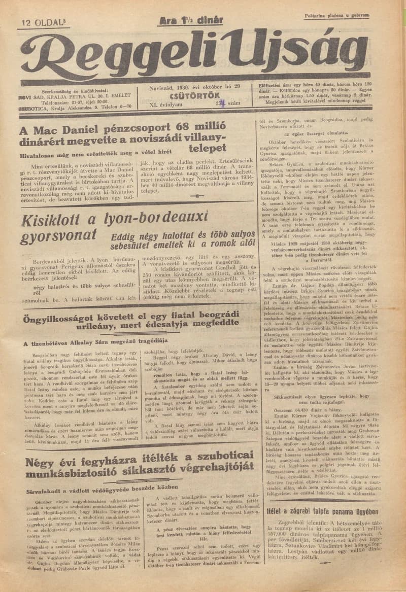 Reggeli Újság, 11. évf. 1930. október 30. 254. sz.