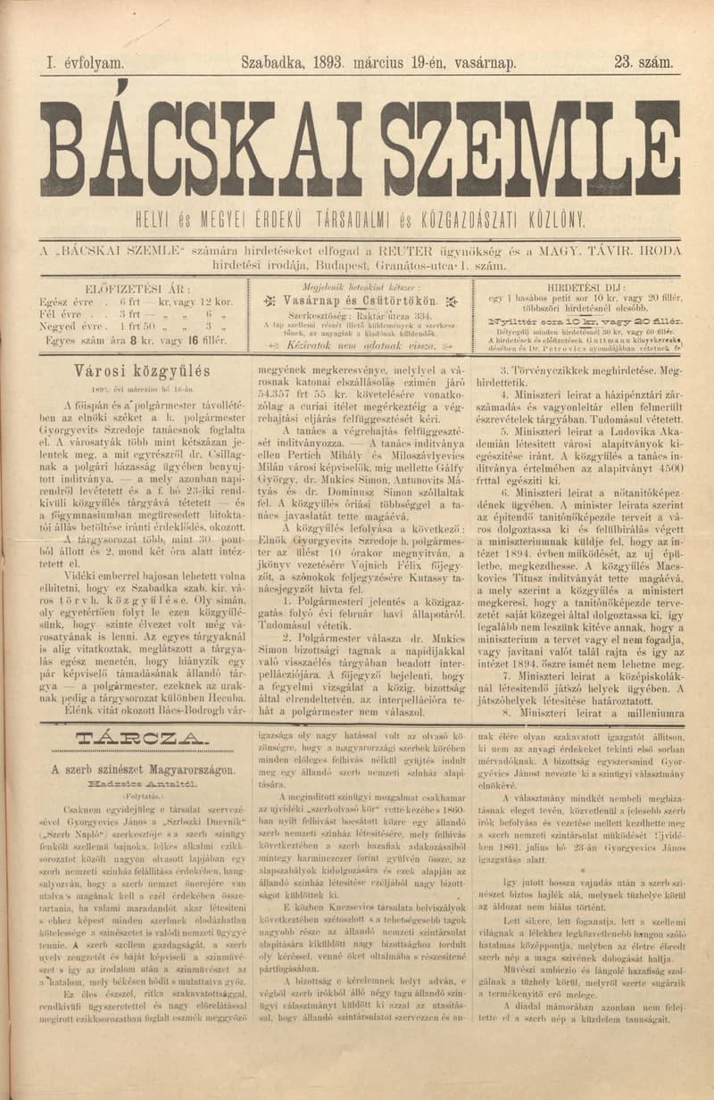 Bácskai Szemle, 1. évf. 1893. március 19. 23. sz.