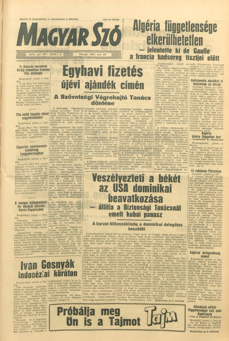 Magyar Szó, 18. évf. 1961. november 24. 291. sz. 1–14. oldal