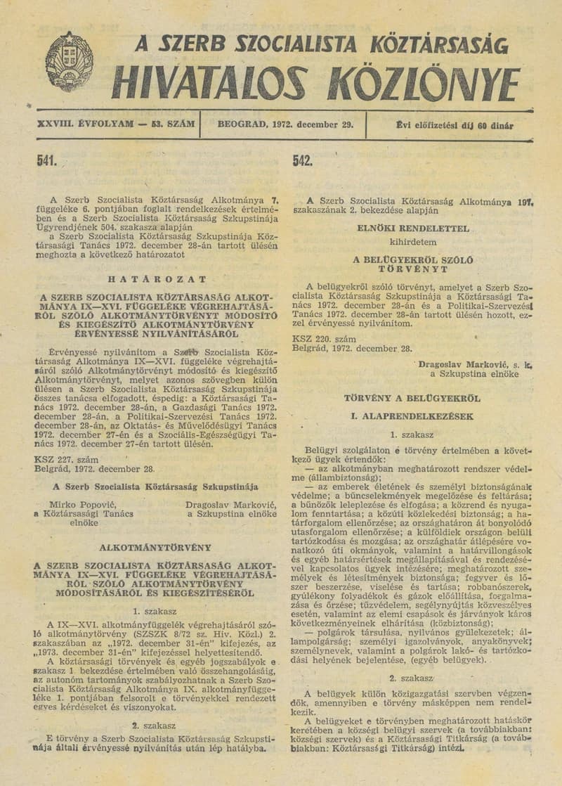 A Szerb Szocialista Köztársaság Hivatalos Közlönye, 28. évf. 1972. december 29. 53. sz. 1505–1524. oldal