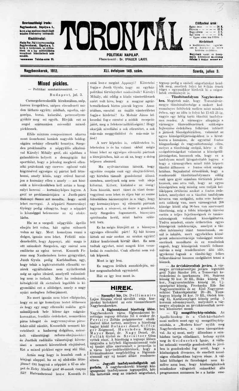 Torontál, 41. évf. 1912. július 3. 149. sz.