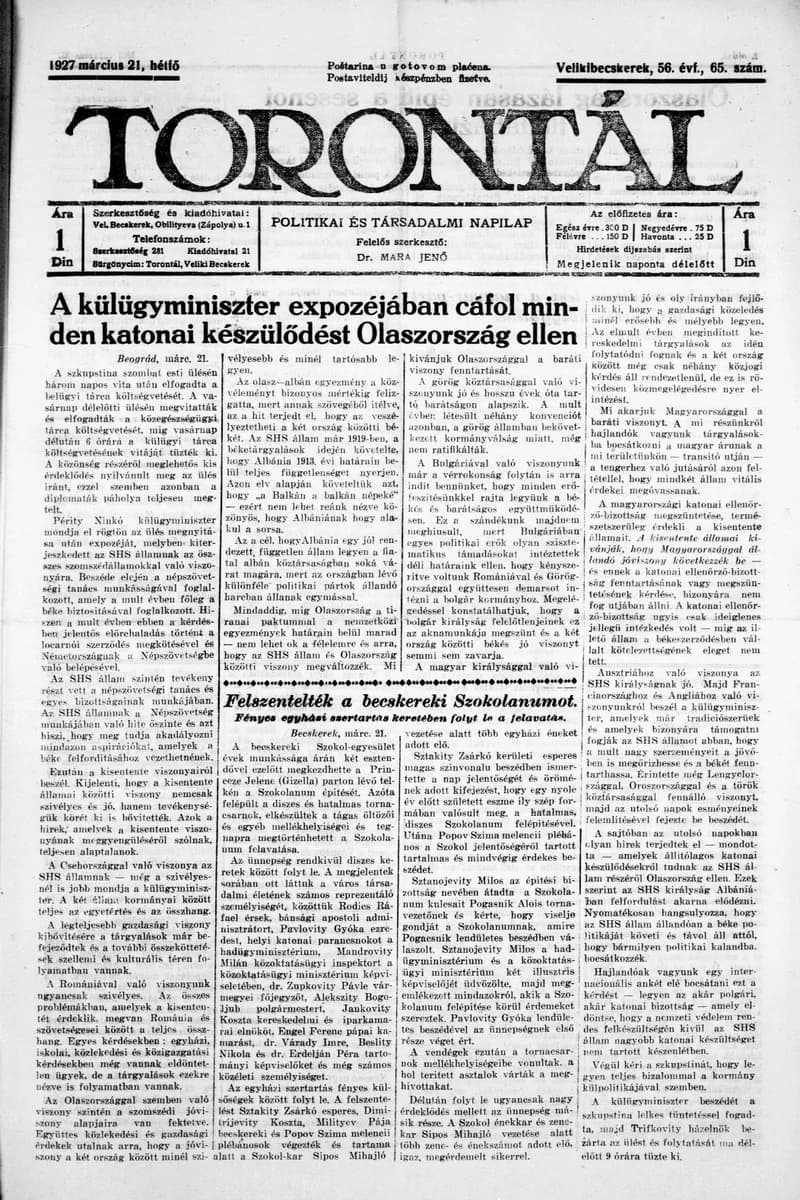 Torontál, 56. évf. 1927. március 21. 65. sz.