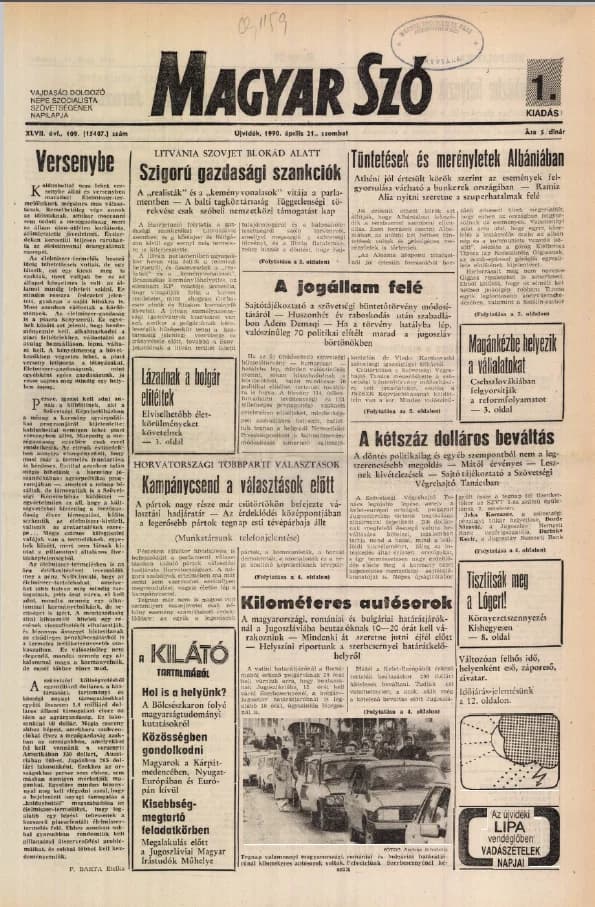 Magyar Szó, 47. évf. 1990. április 21. 109. sz. 1–24. oldal