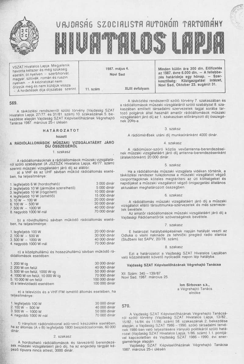 Vajdaság Szocialista Autonóm Tartomány Hivatalos Lapja, 43. évf. 1987. május 4. 11. sz.