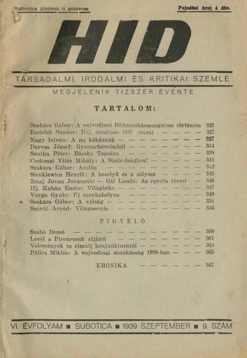 Híd, 6. évf. 1939. szeptember. 9. sz. 321–368. oldal