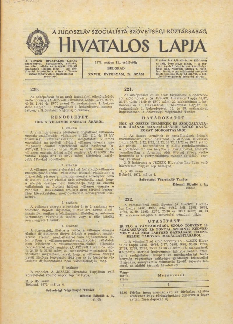 A Jugoszláv Szocialista Szövetségi Köztársaság Hivatalos Lapja, 28. évf. 1972. május 11. 24. sz. 457–472. oldal