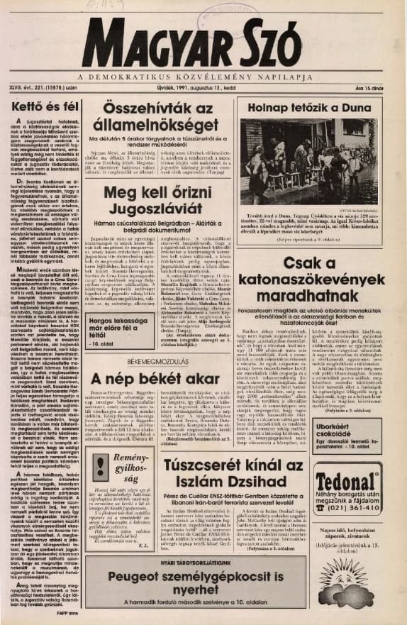 Magyar Szó, 48. évf. 1991. augusztus 13. 221. sz. 1–20. oldal