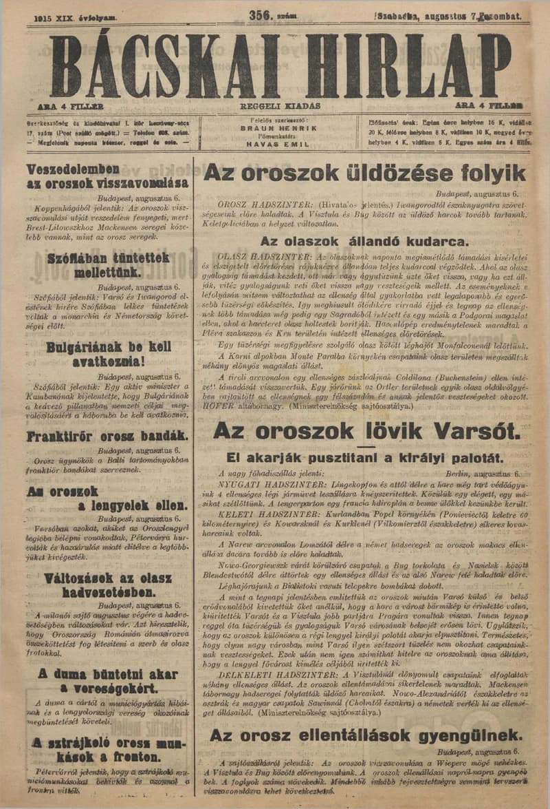 Bácskai Hirlap, 19. évf. 1915. augusztus 7. 356. sz.