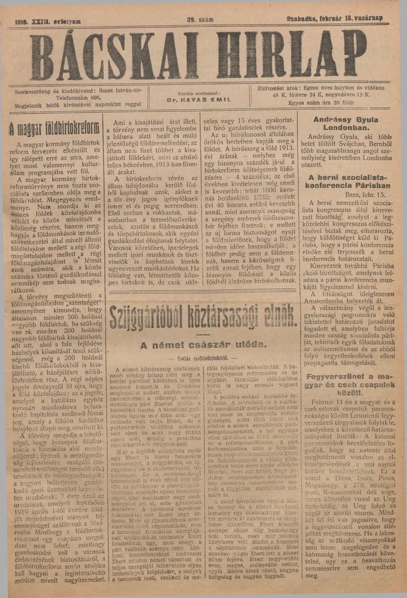 Bácskai Hirlap, 23. évf. 1919. február 16. 39. sz.