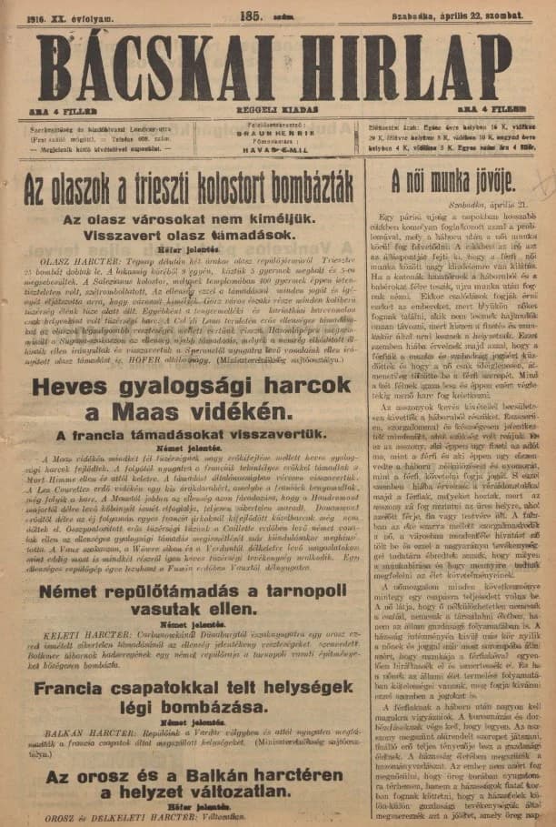 Bácskai Hirlap, 20. évf. 1916. április 22. 185. sz.