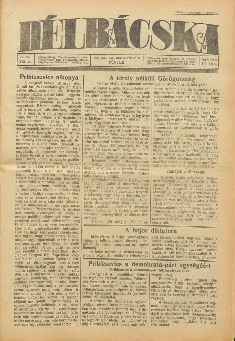 Délbácska, 4. évf. 1923. december 21. 292. sz.