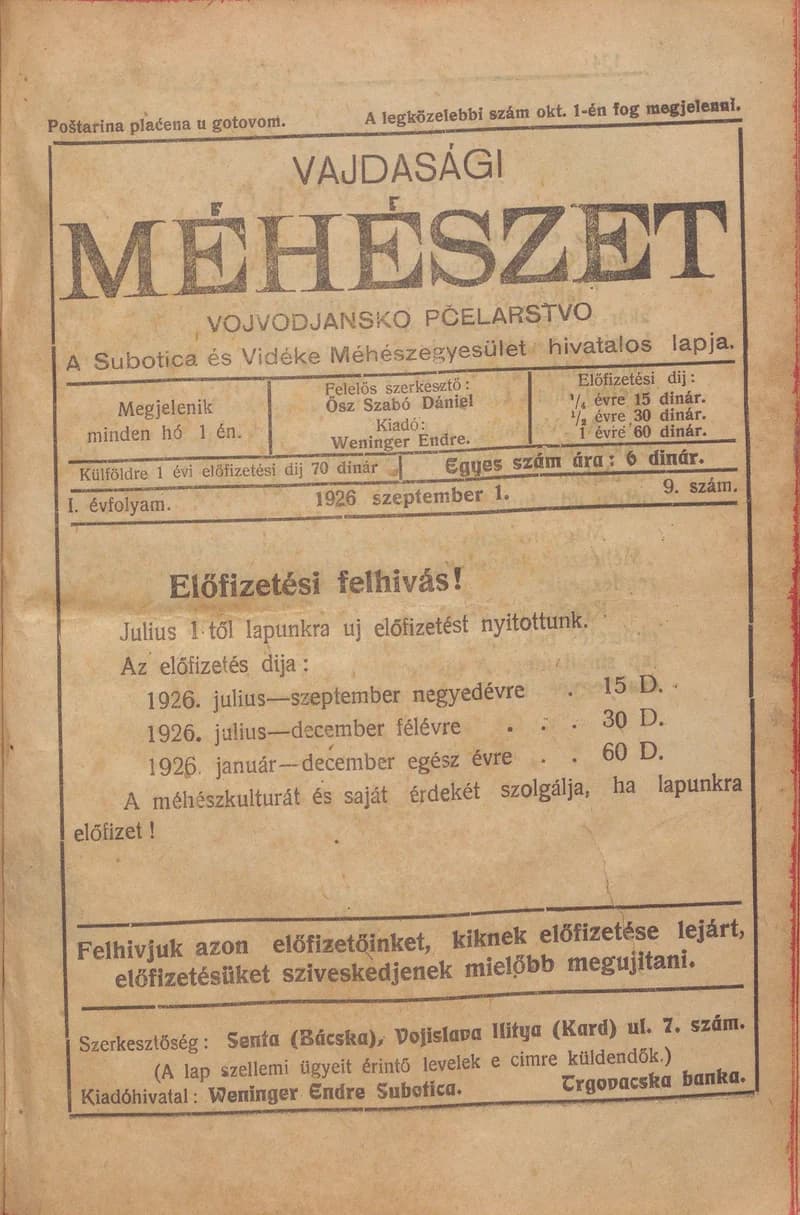 Vajdasági méhészet, 1. évf. 1926. szeptember 1. 9. sz.