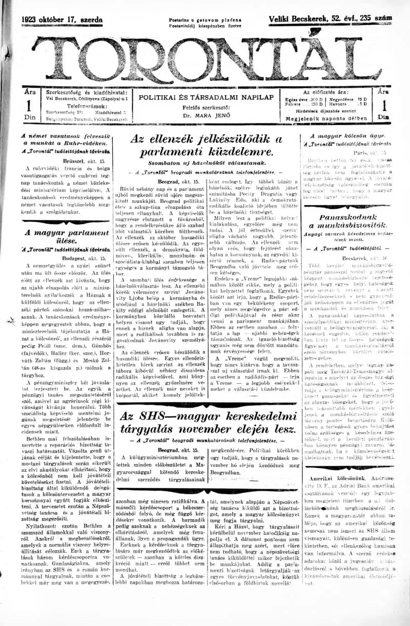 Torontál, 52. évf. 1923. október 17. 235. sz.