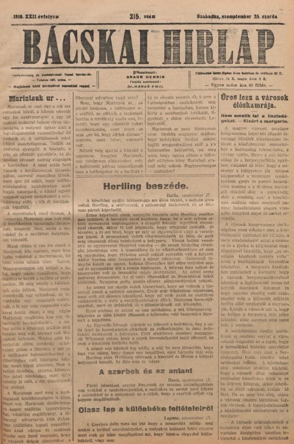 Bácskai Hirlap, 22. évf. 1918. szeptember 25. 215. sz.