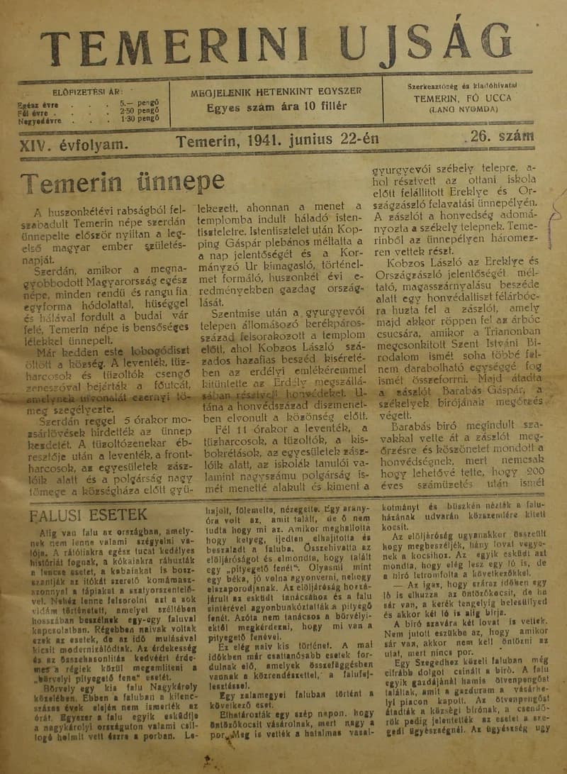 Temerini Újság 1928-1944, 14. évf. 1941. június 22. 26. sz.