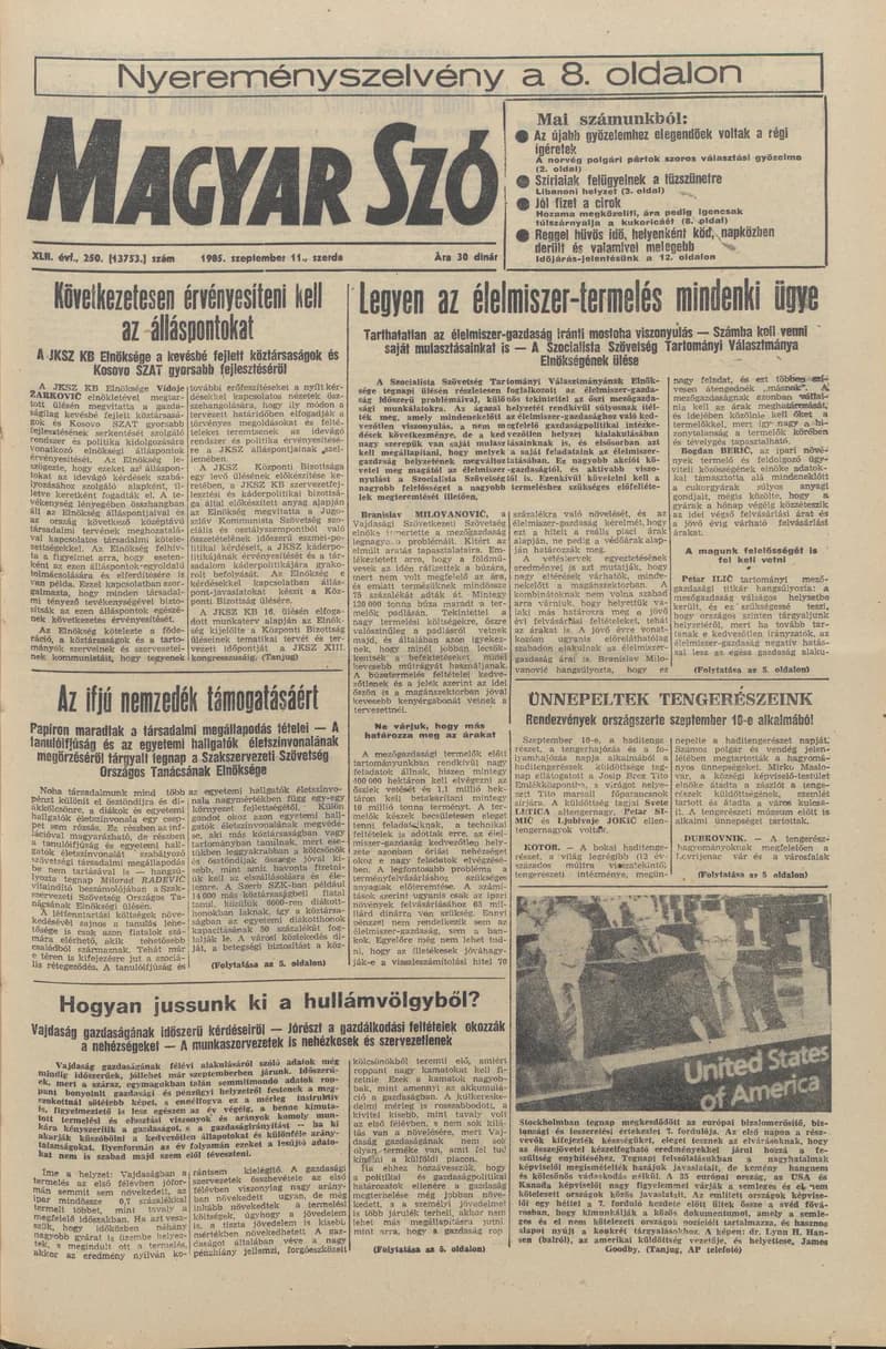 Magyar Szó, 42. évf. 1985. szeptember 11. 250. sz. 1–16. oldal