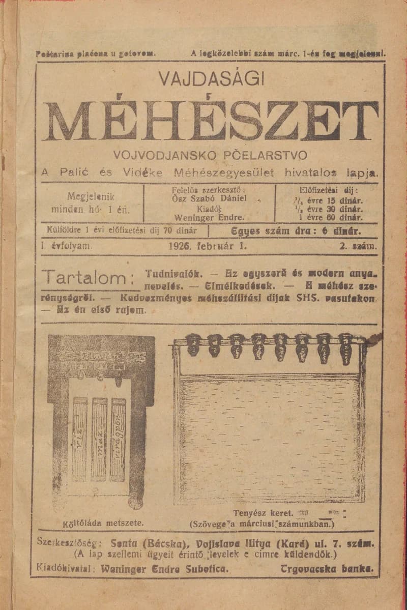 Vajdasági méhészet, 1. évf. 1926. február 1. 2. sz.