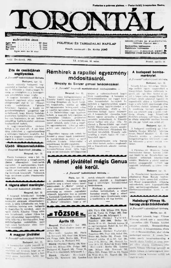 Torontál, 51. évf. 1922. április 14. 84. sz.