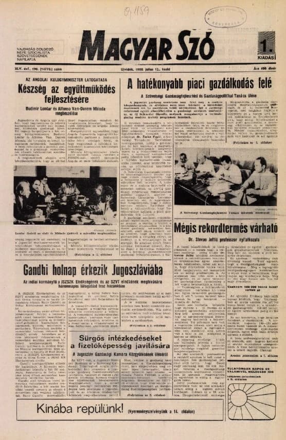 Magyar Szó, 45. évf. 1988. július 12. 190. sz. 1–16. oldal