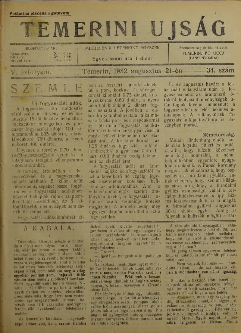 Temerini Újság 1928-1944, 5. évf. 1932. augusztus 21. 34. sz.