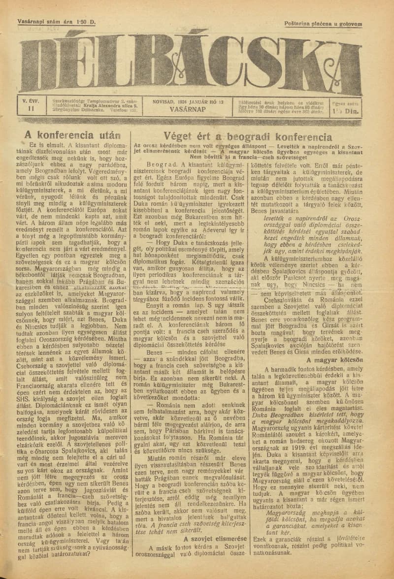 Délbácska, 5. évf. 1924. január 13. 11. sz.