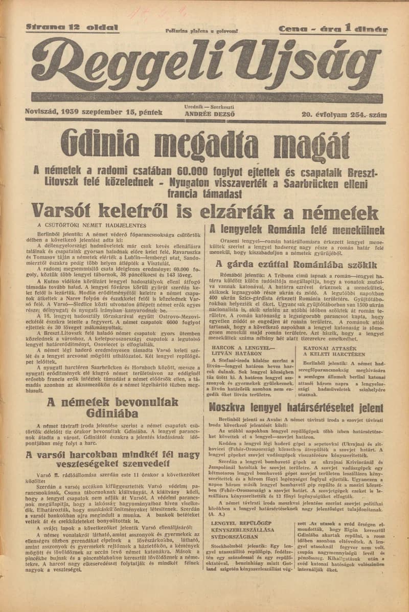Reggeli Újság, 20. évf. 1939. szeptember 15. 254. sz.