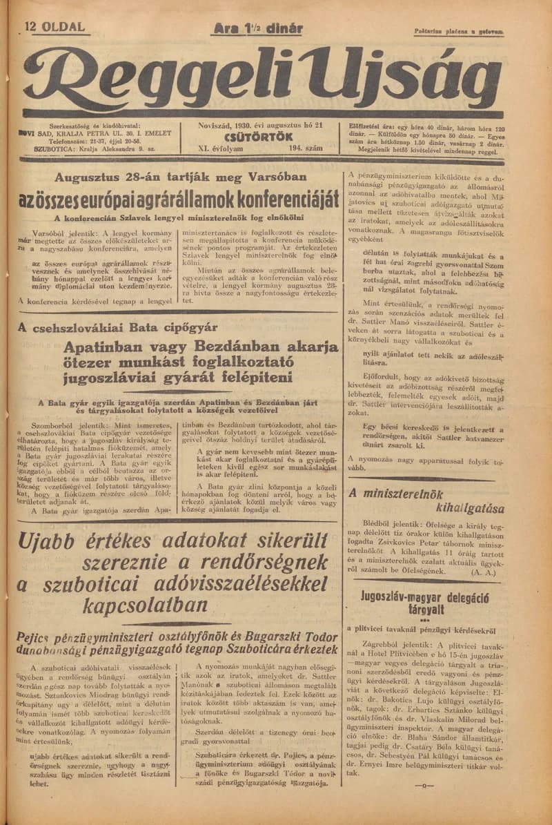 Reggeli Újság, 11. évf. 1930. augusztus 21. 194. sz.