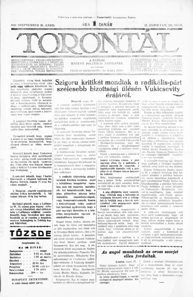 Torontál, 57. évf. 1928. szeptember 25. 222. sz.