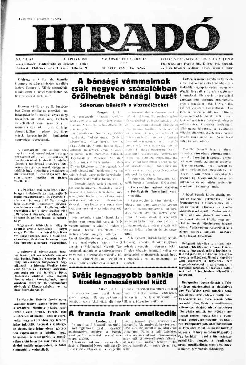 Híradó, 60. évf. 1931. július 12. 158. sz.