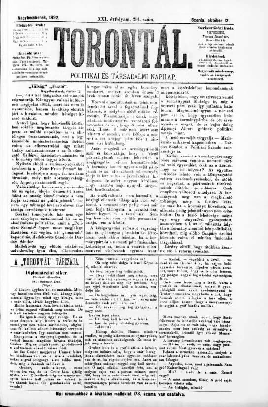 Torontál, 21. évf. 1892. október 12. 214. sz.