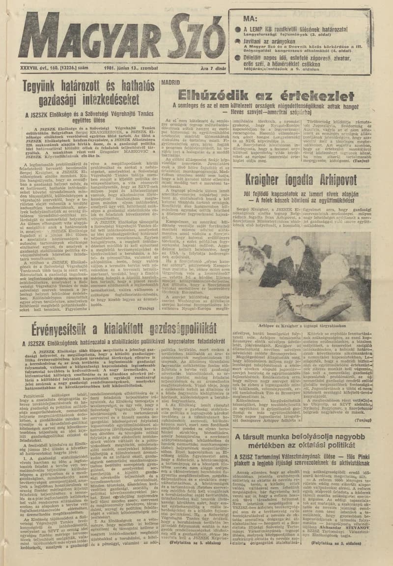 Magyar Szó, 38. évf. 1981. június 13. 160. sz.