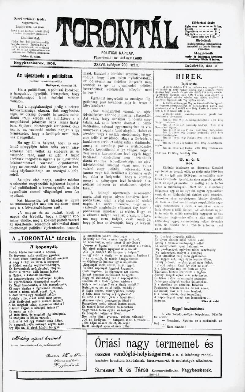 Torontál, 37. évf. 1908. december 31. 299. sz.