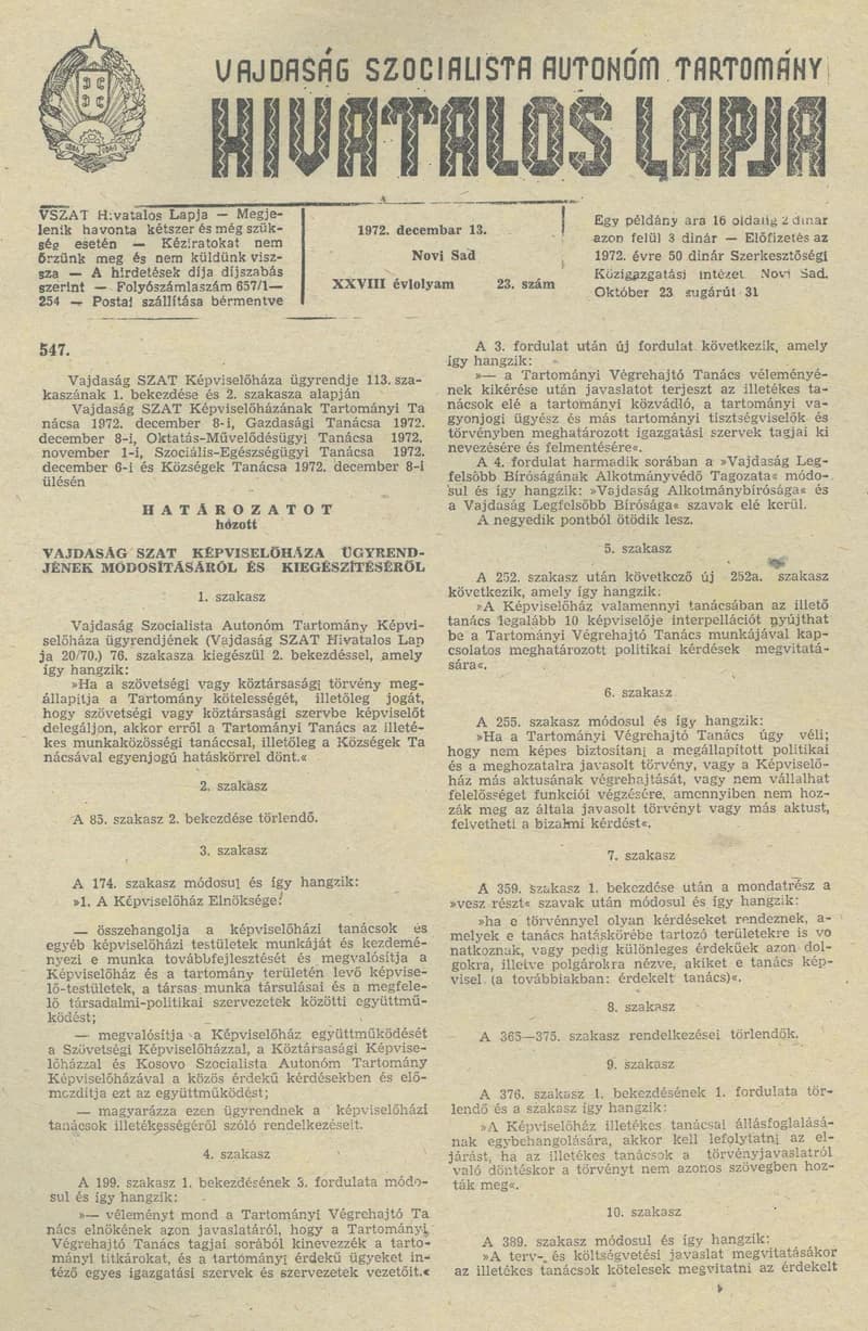 Vajdaság Szocialista Autonóm Tartomány Hivatalos Lapja, 28. évf. 1972. december 13. 23. sz. 821–822. oldal