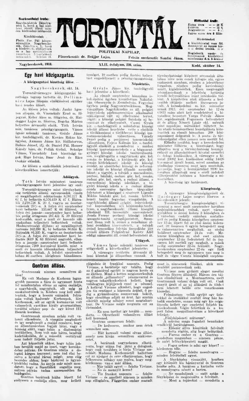 Torontál, 42. évf. 1913. október 14. 236. sz.