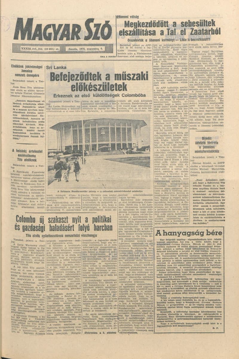 Magyar Szó, 33. évf. 1976. augusztus 4. 213. sz. 1–16. oldal