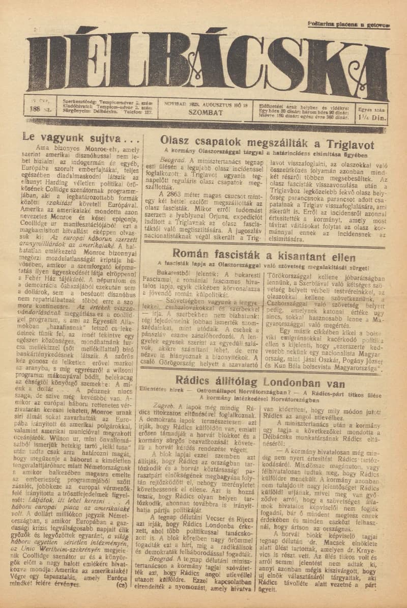 Délbácska, 4. évf. 1923. augusztus 18. 188. sz.
