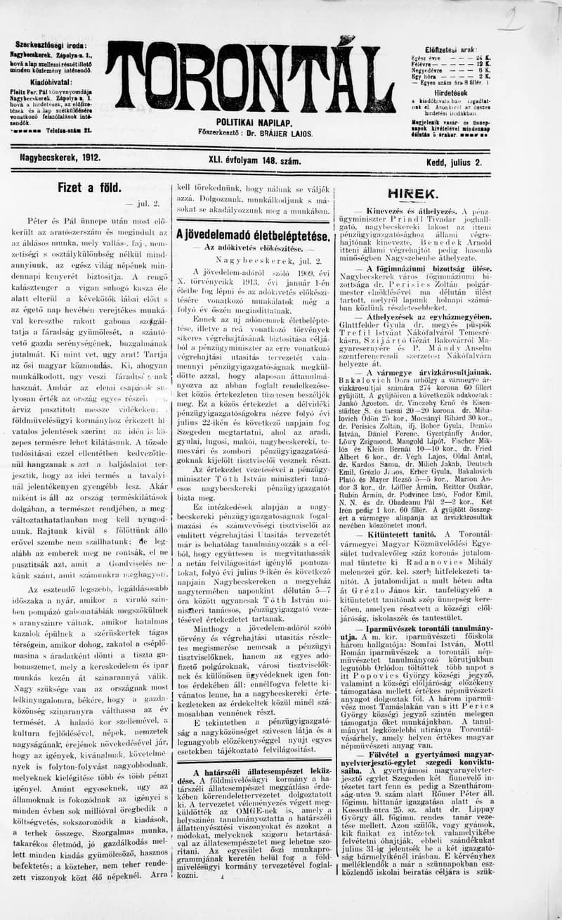 Torontál, 41. évf. 1912. július 2. 148. sz.